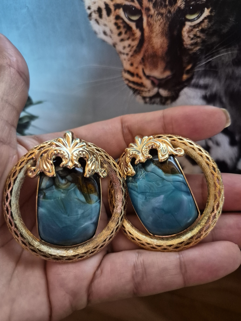 Gold-Tone Teal Stone Statement Earrings - Women